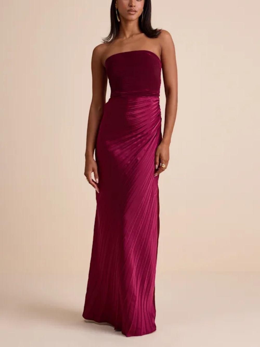 Lulus Strapless Pleated Evening Gown in Deep Berry